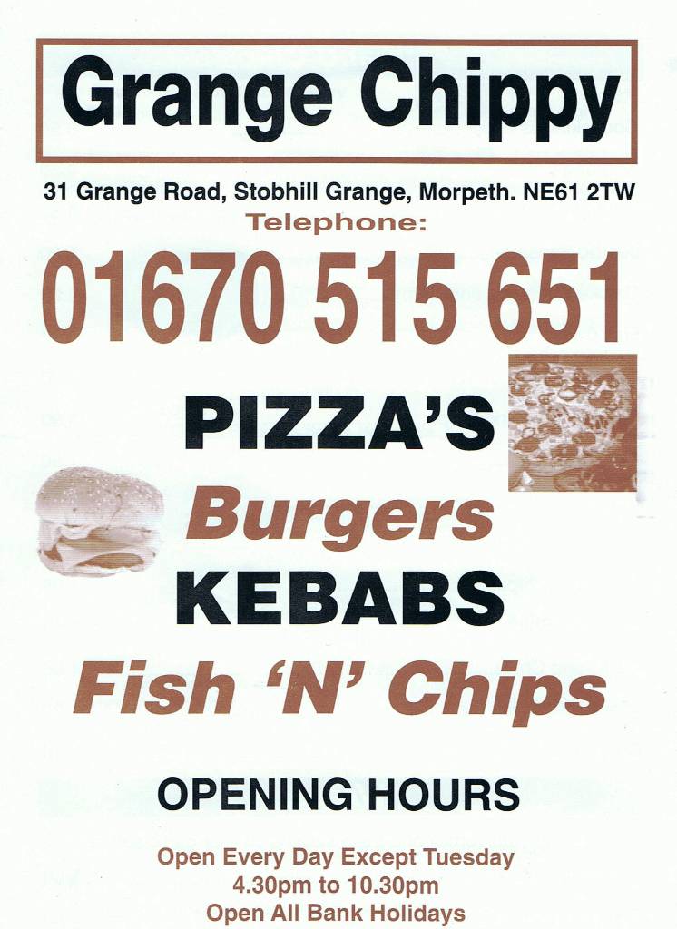 Grange Chippy Takeaway in Morpeth Northumberland, selling pizza's, burgers, kebabs and Fish & Chips, Take-away Menu