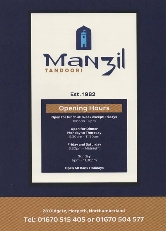 Manzil Tandoori Restaurant in Morpeth, Indian Restaurant & Takeaway Menu