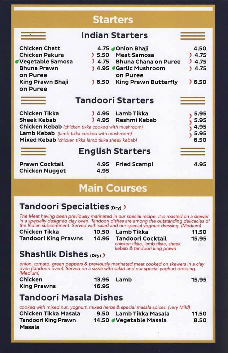 Manzil Tandoori Restaurant in Morpeth, Indian Restaurant & Takeaway Menu
