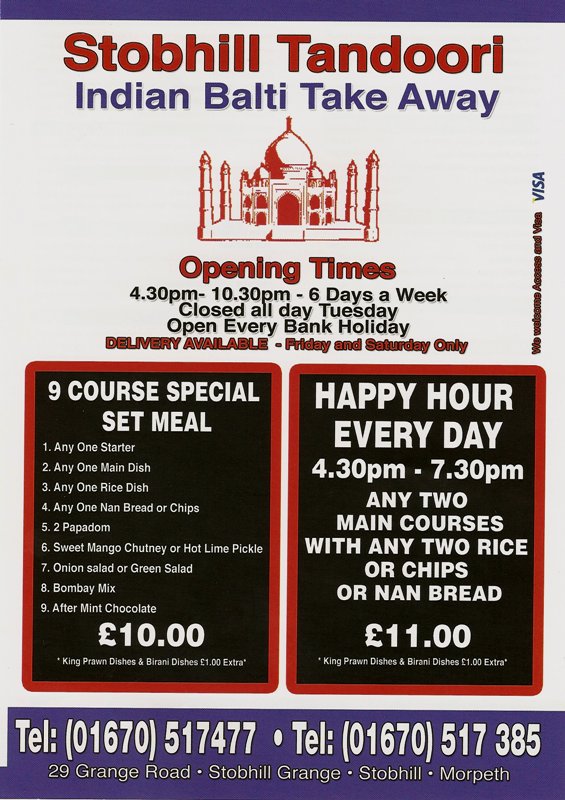 Stobhill Tandoori Takeaway in Morpeth, Indian Balti Take Away & Take-away Menu